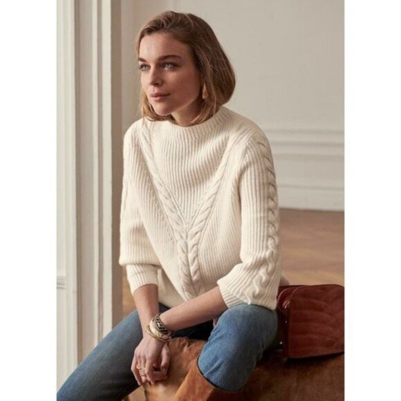 EUC Sezane Zack Wool Blend Cable Knit Mockneck Sweater Ecru XS - Picture 1 of 9